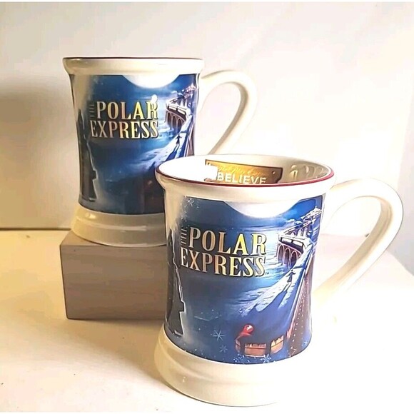 NEW Set Of 2  The Polar Express Warner Bros. Large 3D Train Mug Cups Christmas - Picture 1 of 6